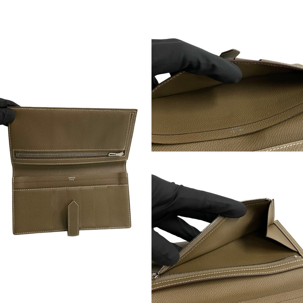 HERMES Bearn Soufflet Epsom Leather Bifold Wallet with Bill Compartment, Etoupe Leather, 20299