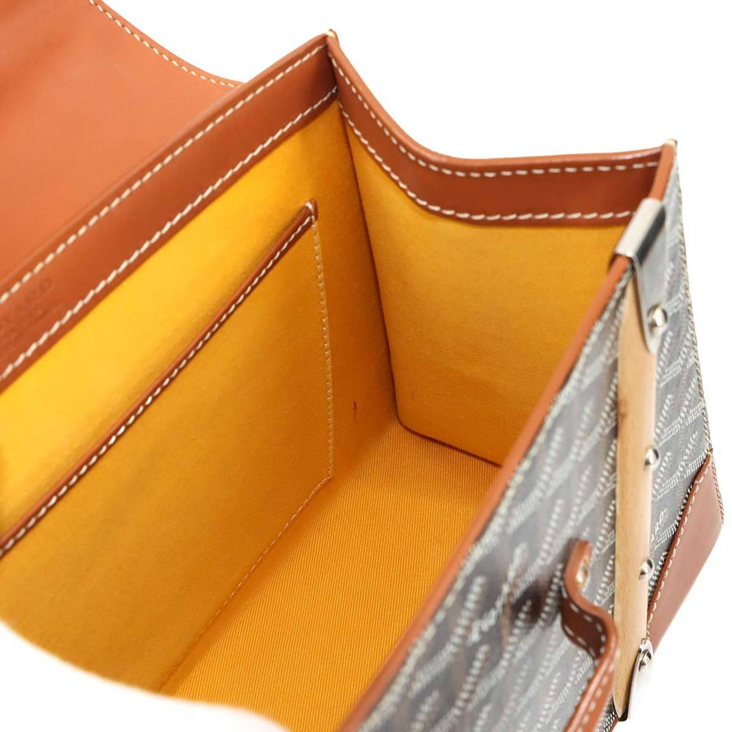 Goyard Saigon PM 2-way hand/shoulder bag in PVC, leather, wood, black, brown, and herringbone.