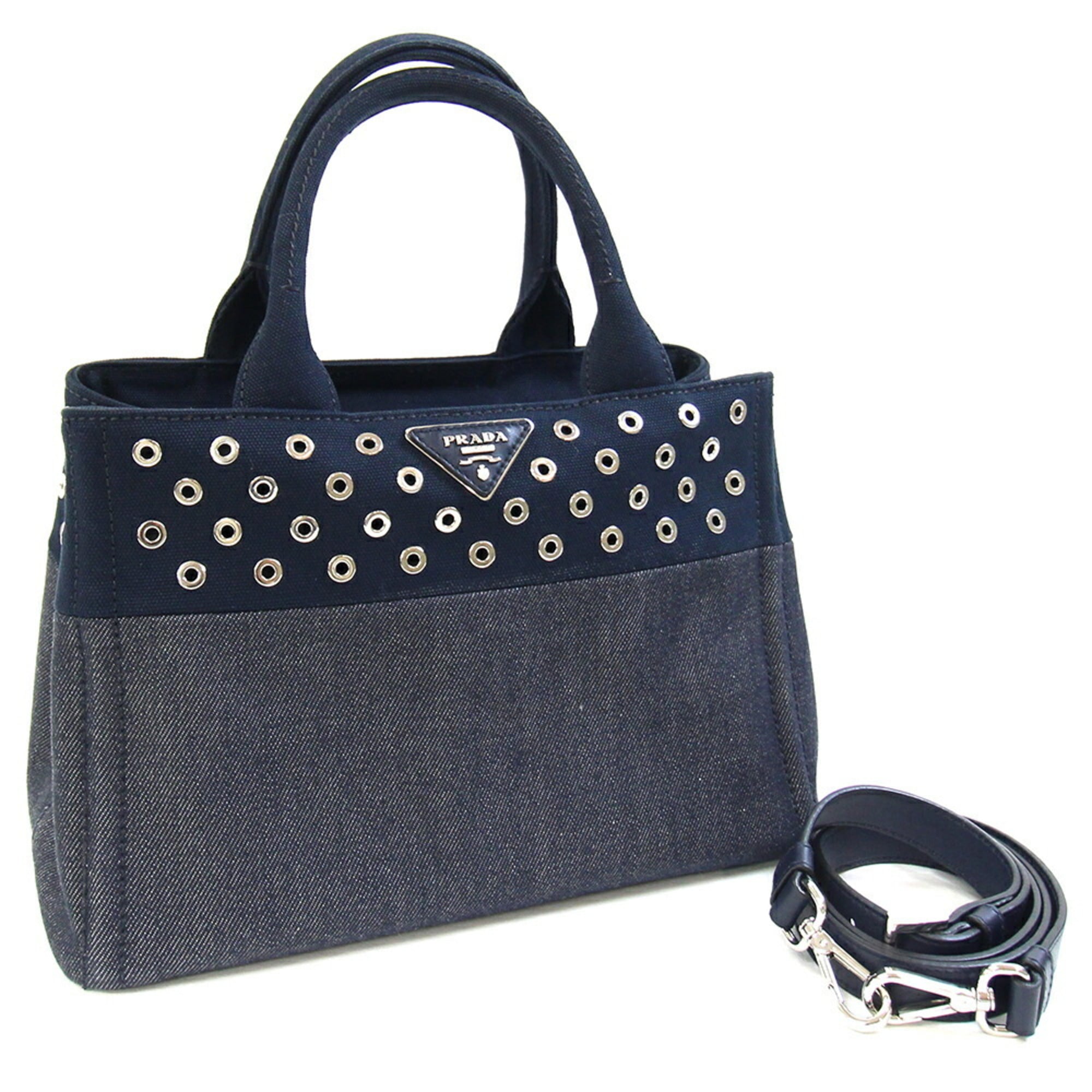 Prada Canapa Handbag 1BG439 Navy Denim Canvas Shoulder Bag with Perforation, Women's PRADA