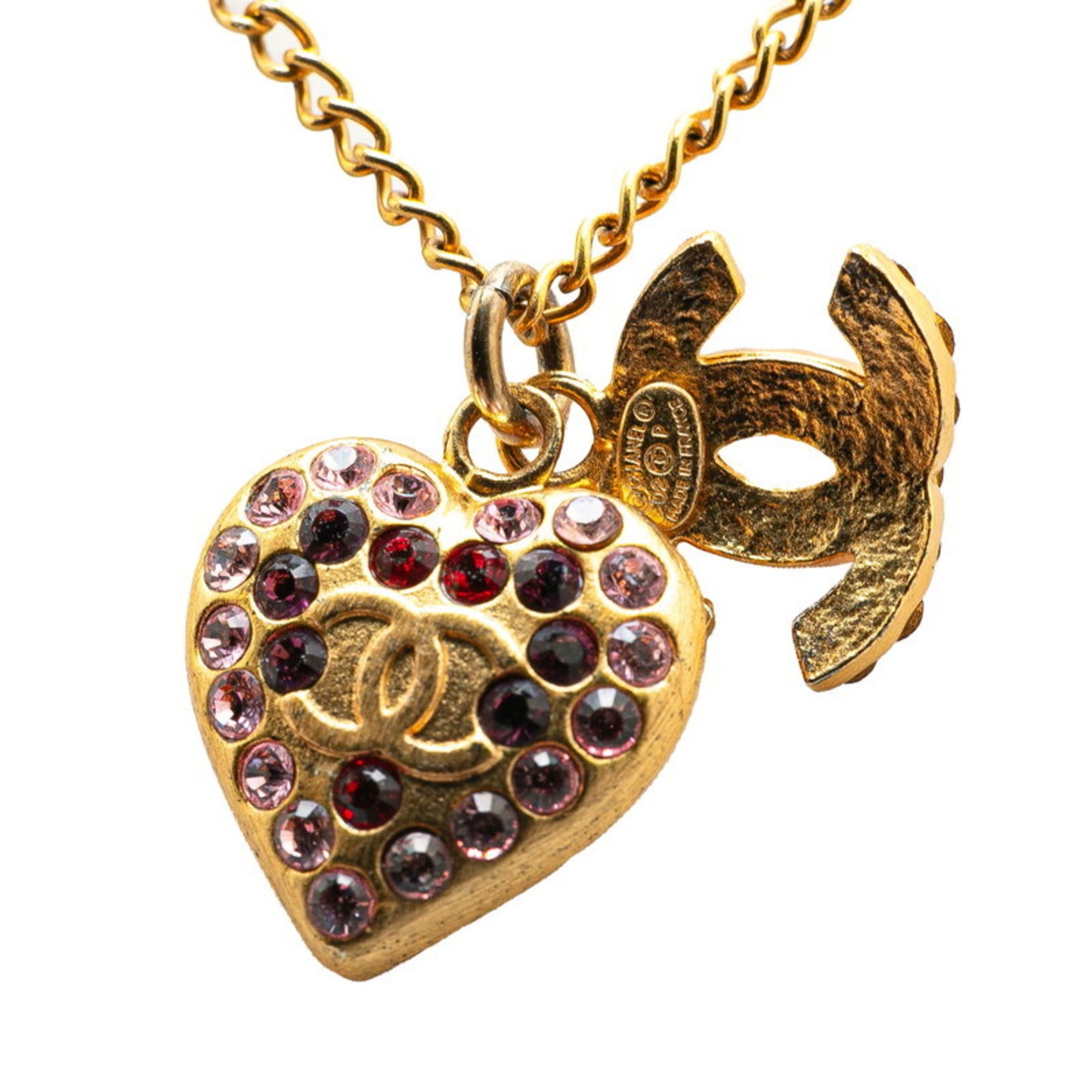 Chanel Coco Mark Heart Motif Rhinestone Necklace, Gold and Pink Plated, Women's