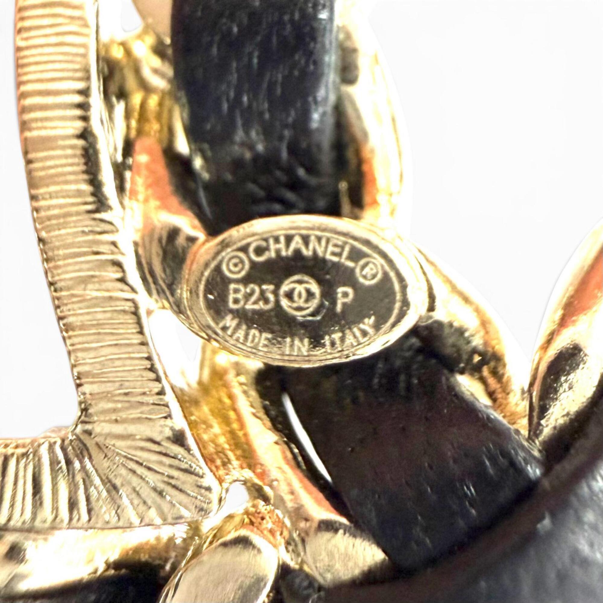 CHANEL B23P Coco Mark Lambskin Rhinestone Brooch, Black with Gold Hardware, Made in Italy, Women's, Very Popular — Like New