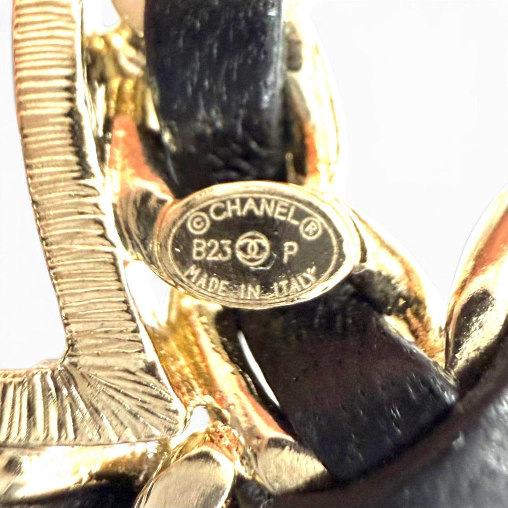CHANEL B23P Coco Mark Lambskin Rhinestone Brooch, Black with Gold Hardware, Made in Italy, Women's, Very Popular — Like New