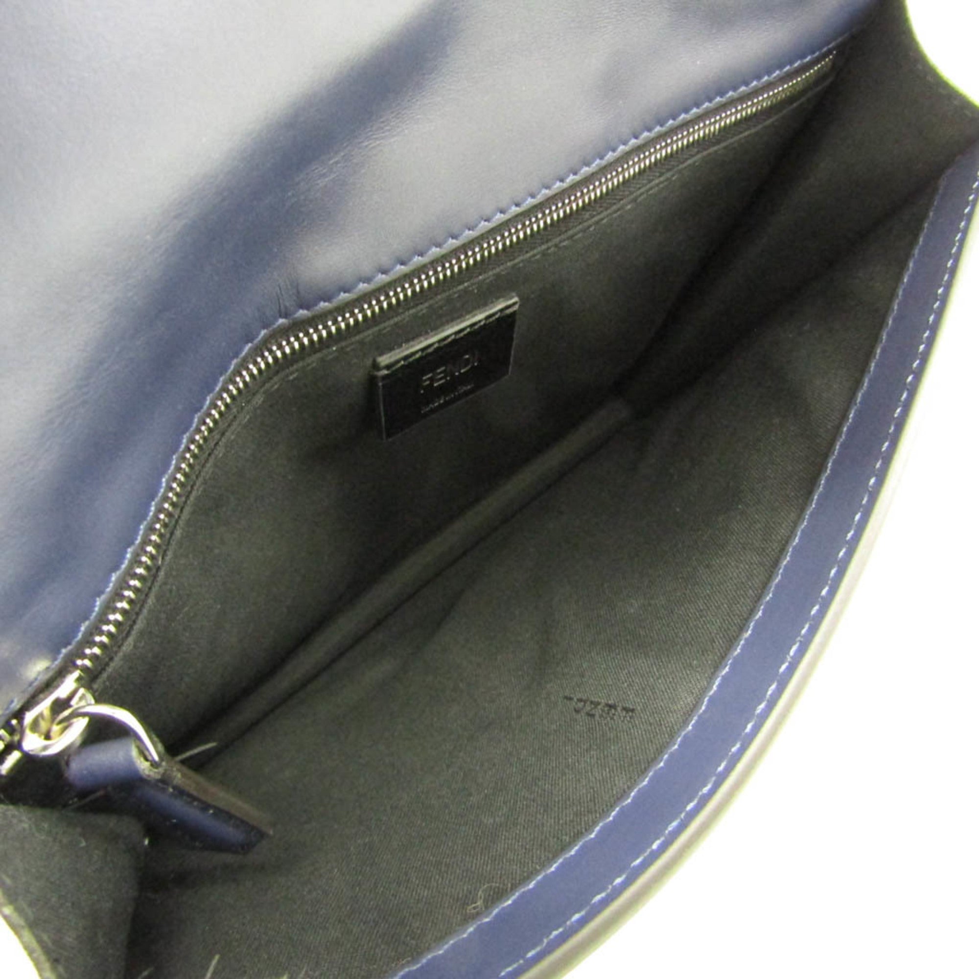Fendi Flat Baguette Medium 7VA524 Women's Leather,Canvas Shoulder Bag Navy — Like New
