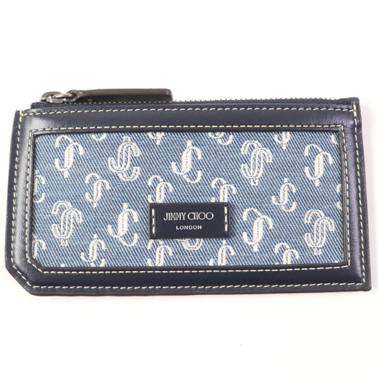 JIMMY CHOO Casey JC Monogram Denim Leather Wallet/Coin Case, Navy, Box and Dust Bag Included, Made in Italy, Men's