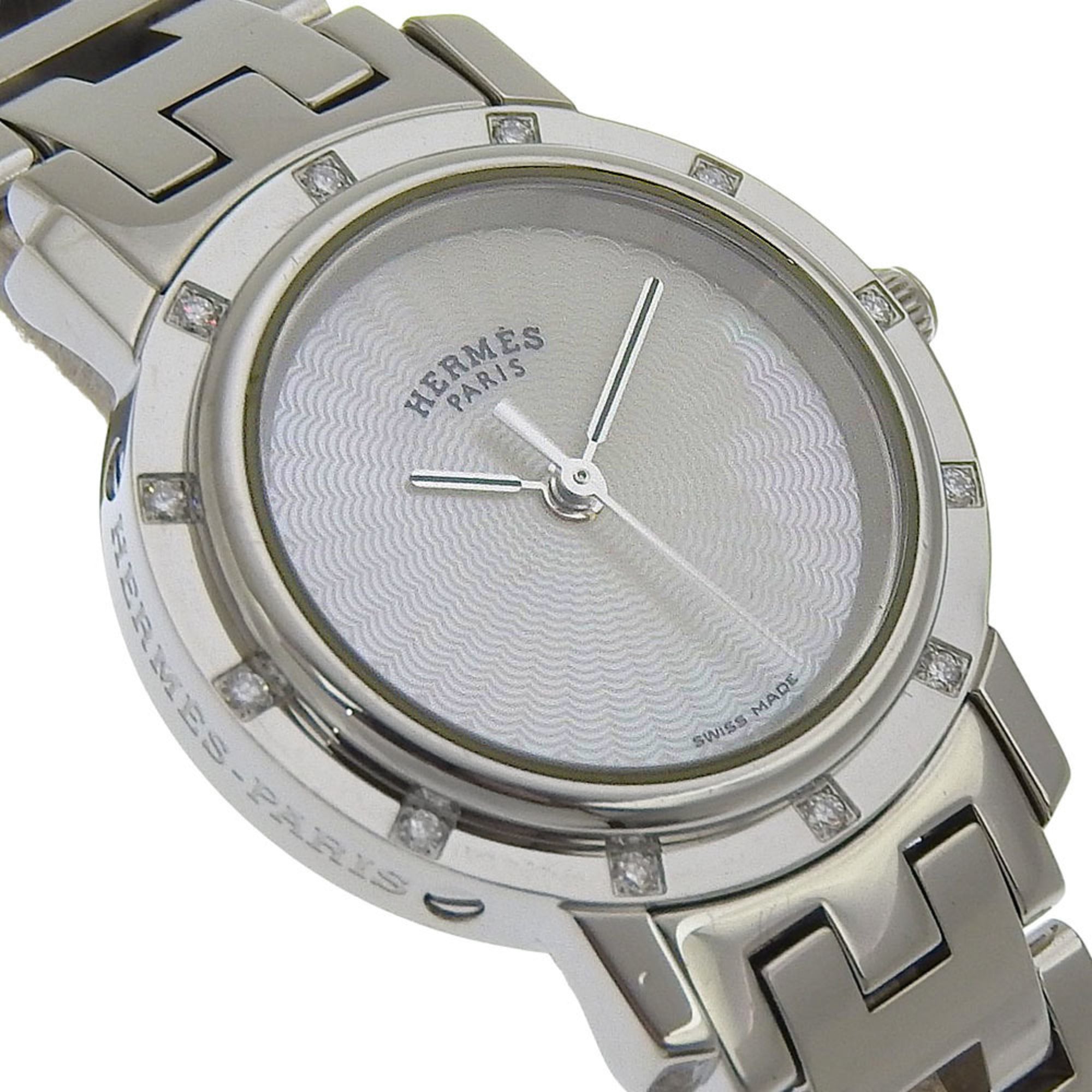 Hermès Clipper Nacre Women's Watch, 12 Diamonds, CL4.230, Stainless Steel, Quartz Movement, Analog Display, White Shell Dial — Very Good