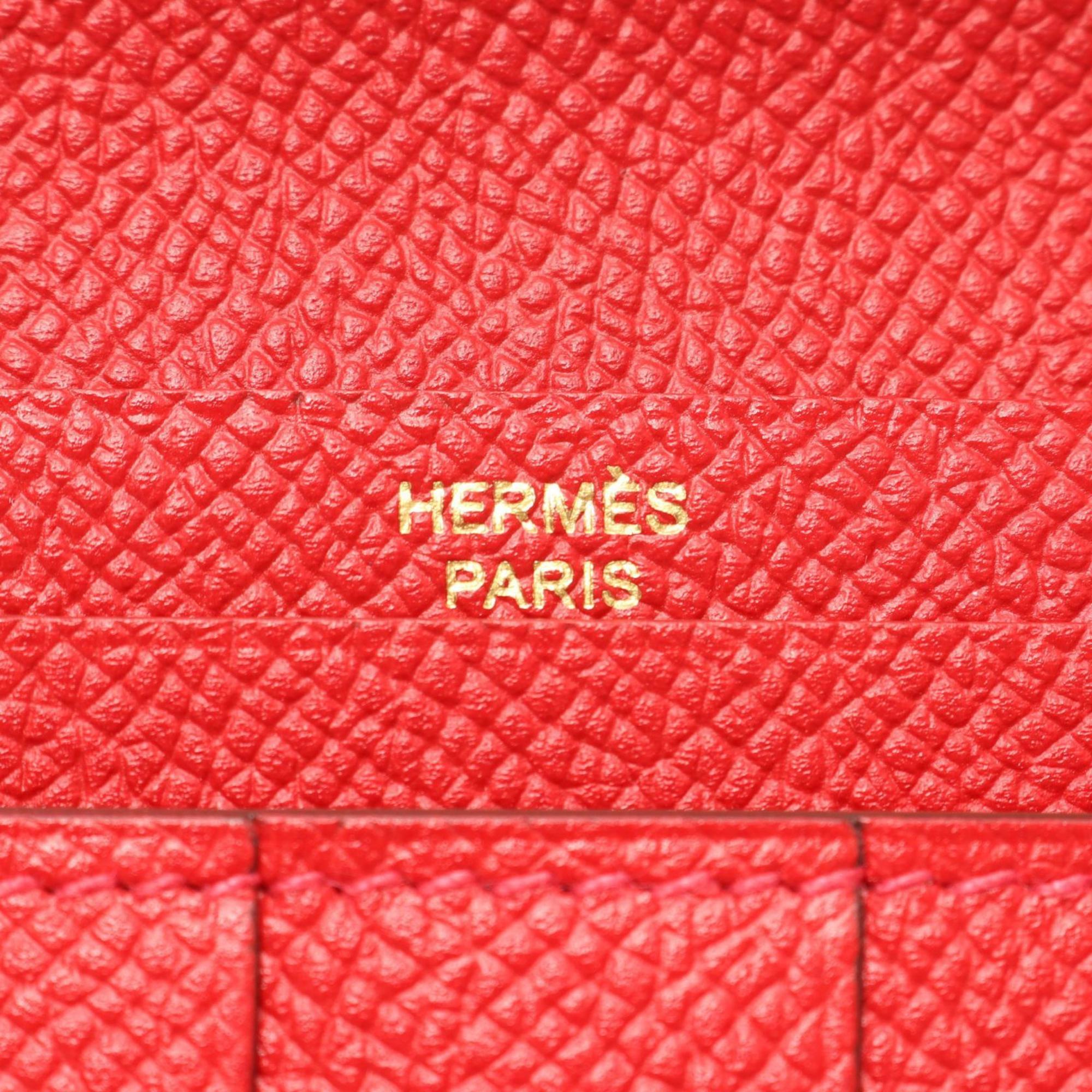 Hermes Hermès Bearn Soufflet Bi-fold Long Wallet in Calfskin Leather (Cowhide) with Epsom Leather, Red, for Women