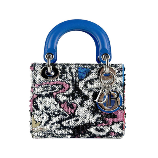 Christian Dior handbag shoulder bag Lady tweed beads leather blue x black women's z4554