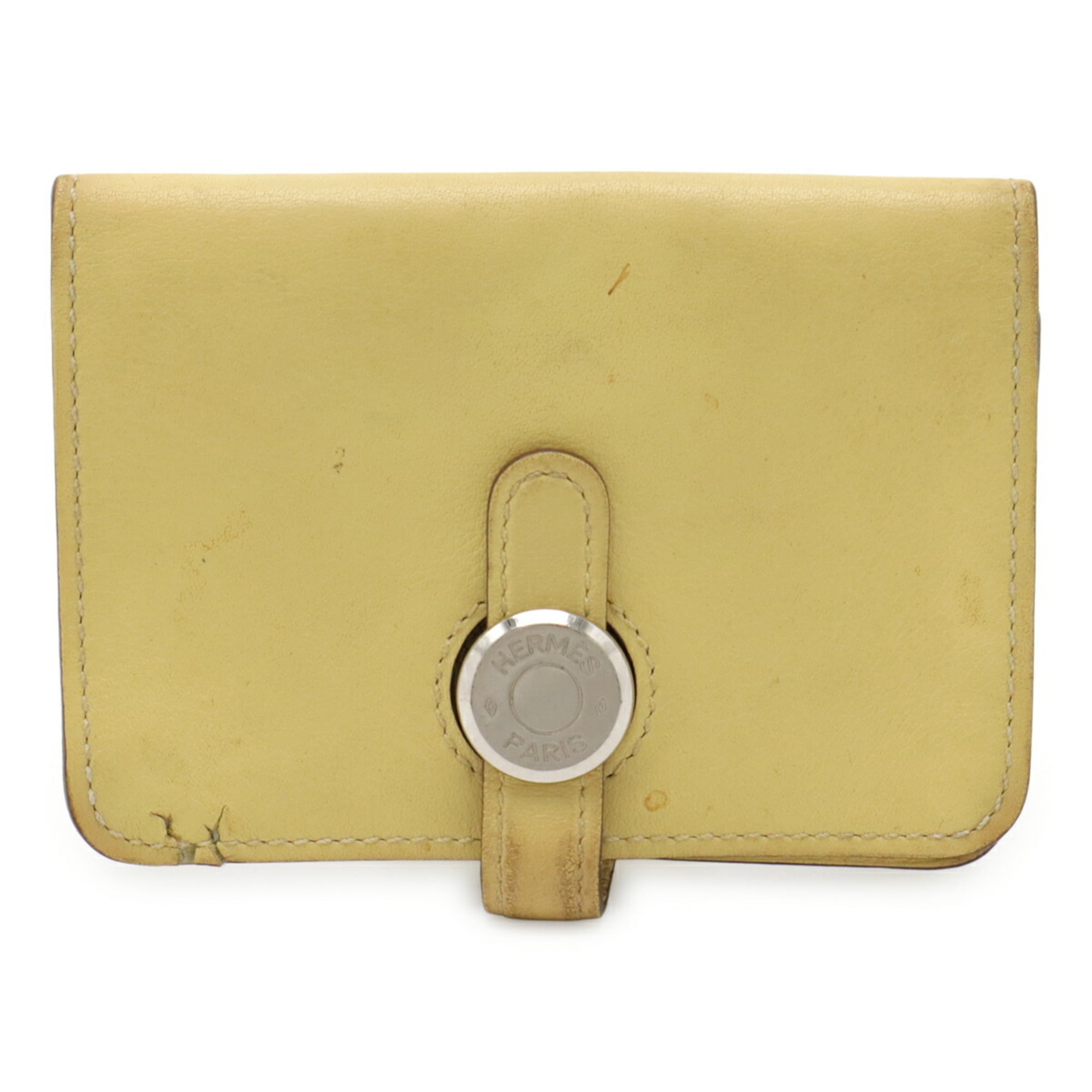 HERMES Dogon card case, coin wallet, purse, Swift leather, yellow, souffle, with X marking.