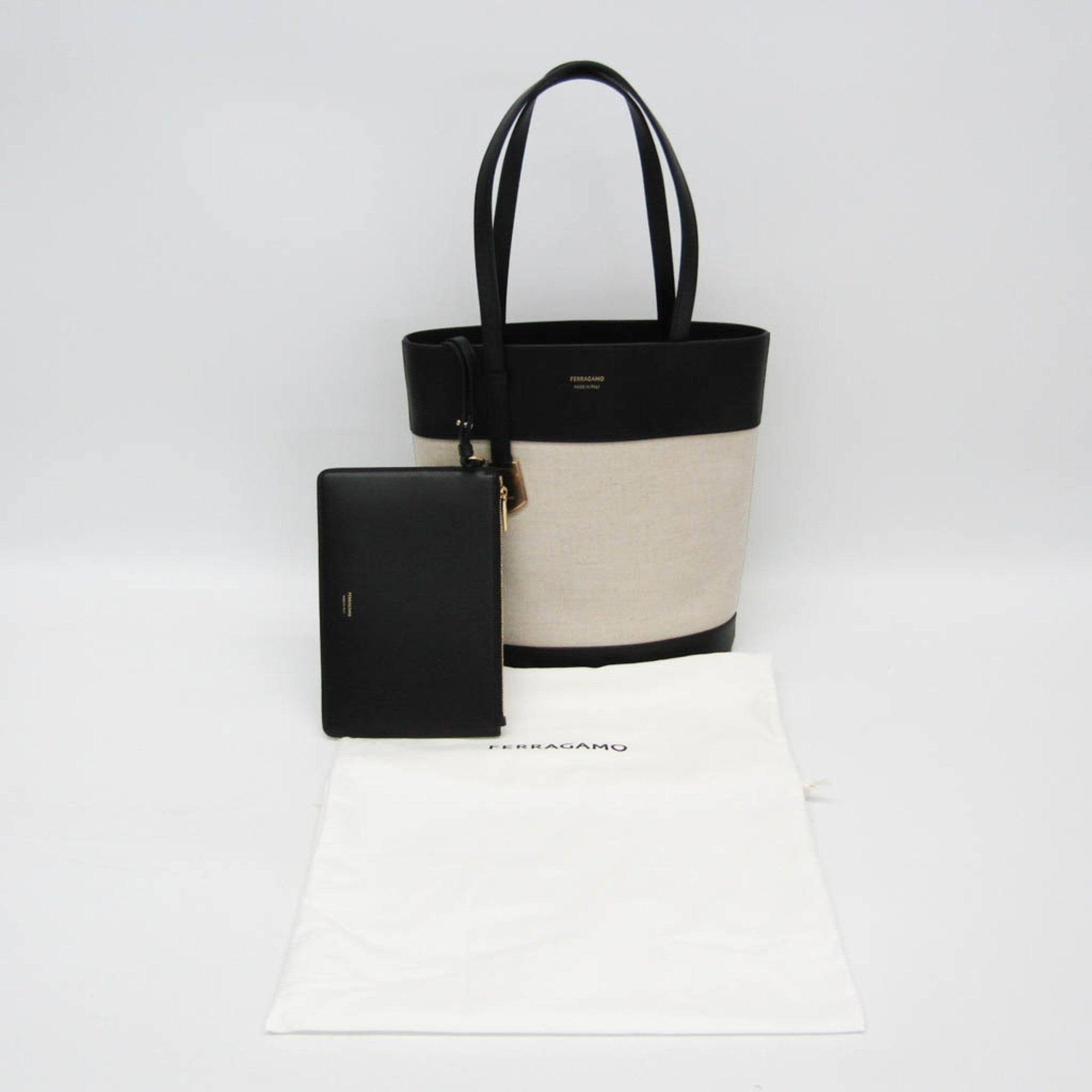 Salvatore Ferragamo Charming Tote Bag AU-21/7533 Women's Leather,Canvas Shoulder Bag,Tote Bag Black,Light Brown — Like New