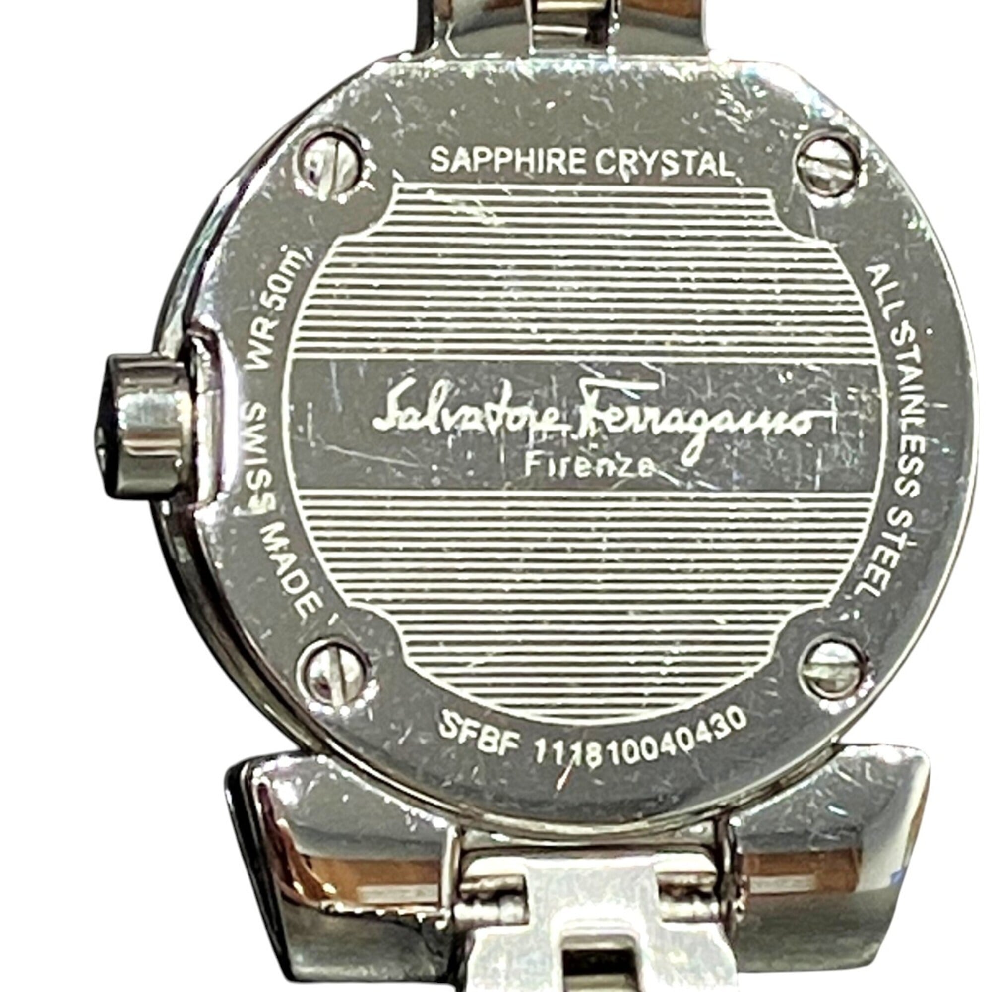 Salvatore Ferragamo Gancini watch, total weight 34.6g, stainless steel, quartz movement, pink mother-of-pearl dial, SFBF00118 — Good