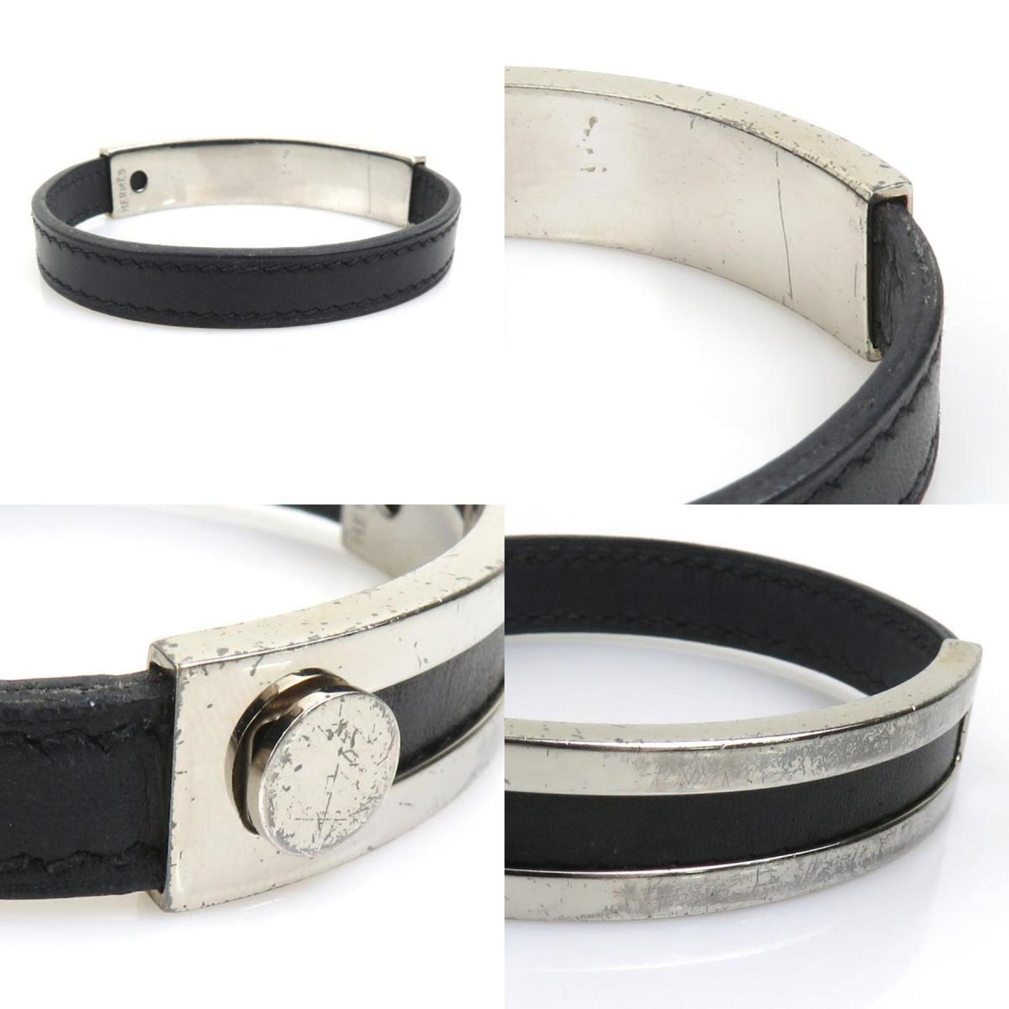 Hermes Hermès Puspus Bracelet, Leather, Metal, Black, Silver, Men's/Women's, 56347a