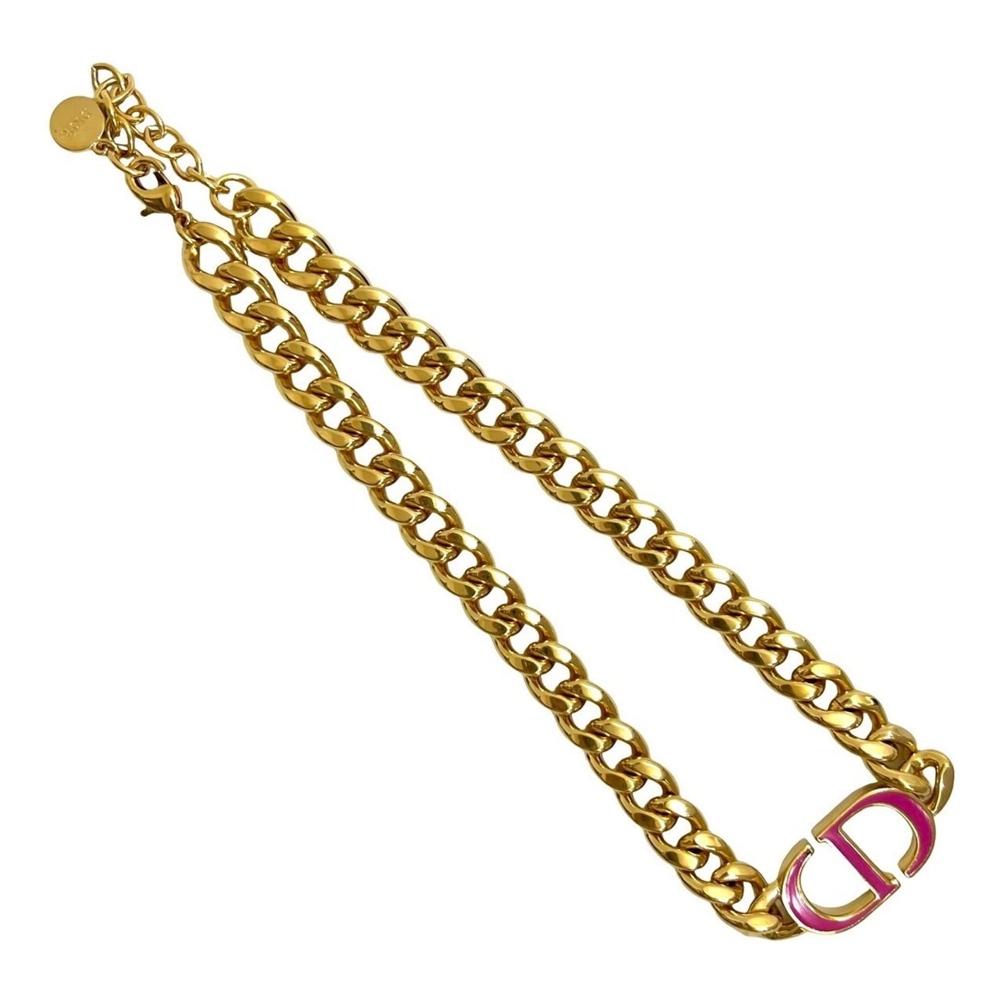 Christian Dior CD logo motif GP chain necklace pendant in gold and pink (09185)