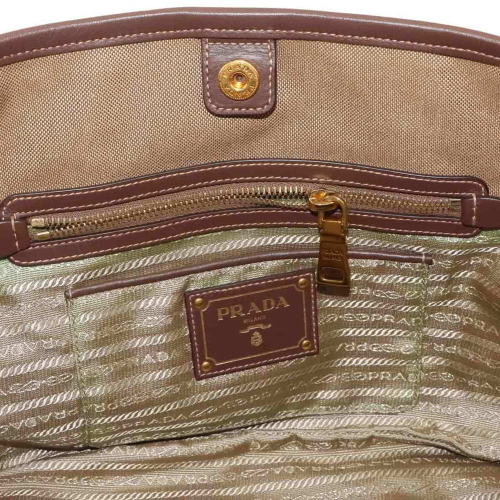 Prada Jacquard Ribbon 2-way Hand/Shoulder Handbag, Canvas and Leather, Beige/Brown Logo Bag — Like New