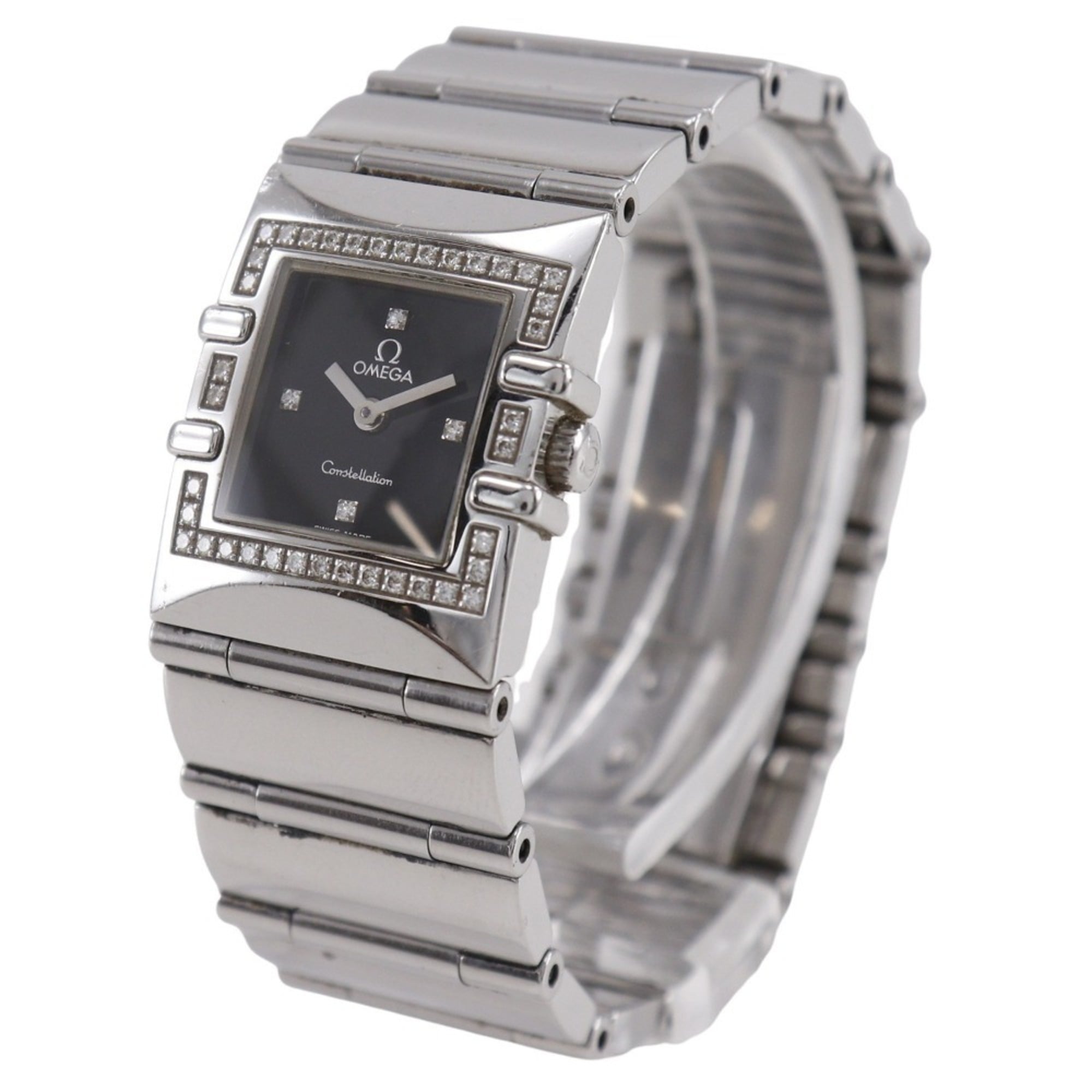 OMEGA Constellation Carree Watch, cal. 1376 1528.46, stainless steel with diamonds, 1998, quartz movement, analog display, black dial, women's — Good
