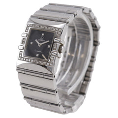 OMEGA Constellation Carree Watch, cal. 1376 1528.46, stainless steel with diamonds, 1998, quartz movement, analog display, black dial, women's — Good