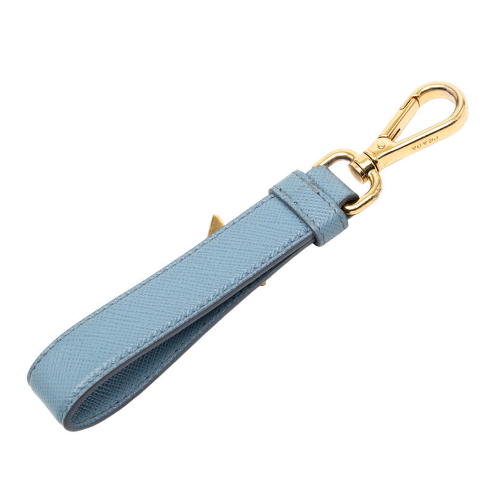 Prada Triangle Logo Plate Charm Bag Light Blue Gold Plated Saffiano Leather Women's PRADA