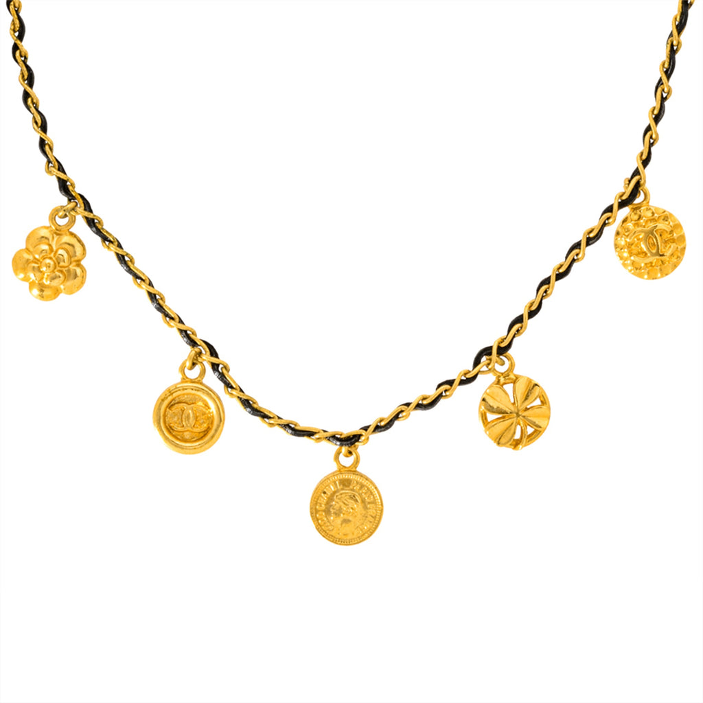 CHANEL Choker Necklace, Metal, Leather, 96 P Engraved, Gold, Coco Mark, Coin, Medal, Clover, Camellia, Women's
