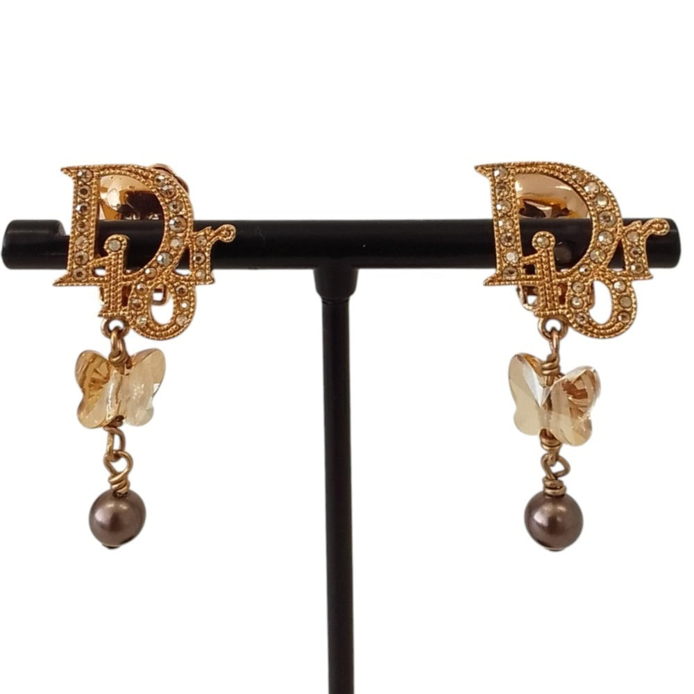 Christian Dior Rhinestone Logo Butterfly Pearl Swing Earrings, GP Gold Color, Women's — Like New
