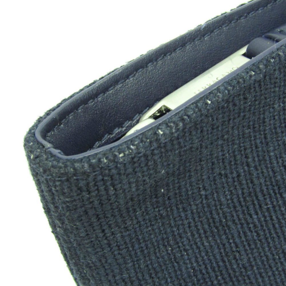 Salvatore Ferragamo Logo EE-24 1638 Women,Men Leather,Cotton Pouch Cream,Navy — Like New