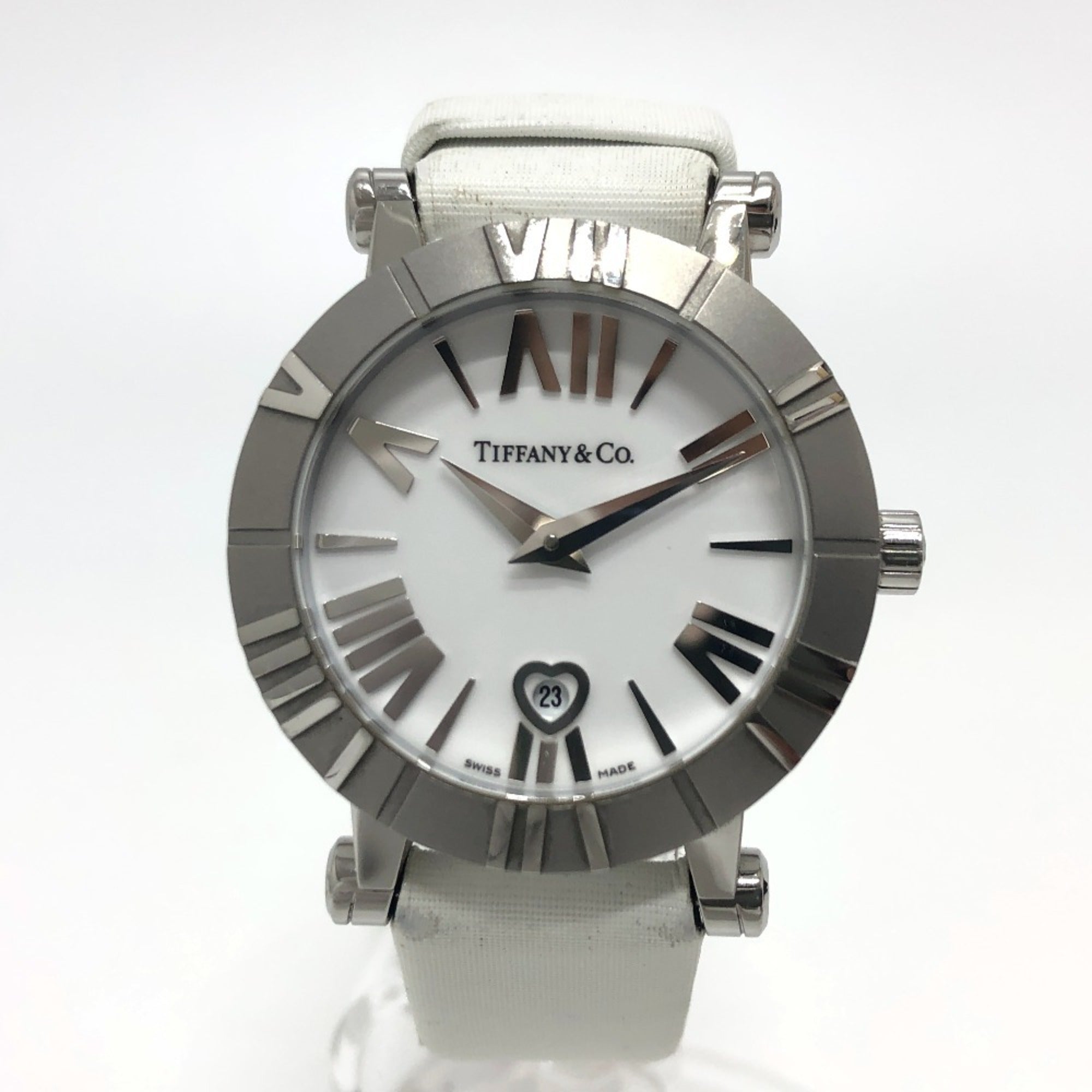 TIFFANY & Co. Z1300.11.11A20A41A White Ceramic Atlas Quartz Date Watch with Stainless Steel and Leather Strap, Silver — Good