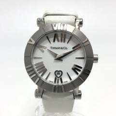 TIFFANY & Co. Z1300.11.11A20A41A White Ceramic Atlas Quartz Date Watch with Stainless Steel and Leather Strap, Silver — Good