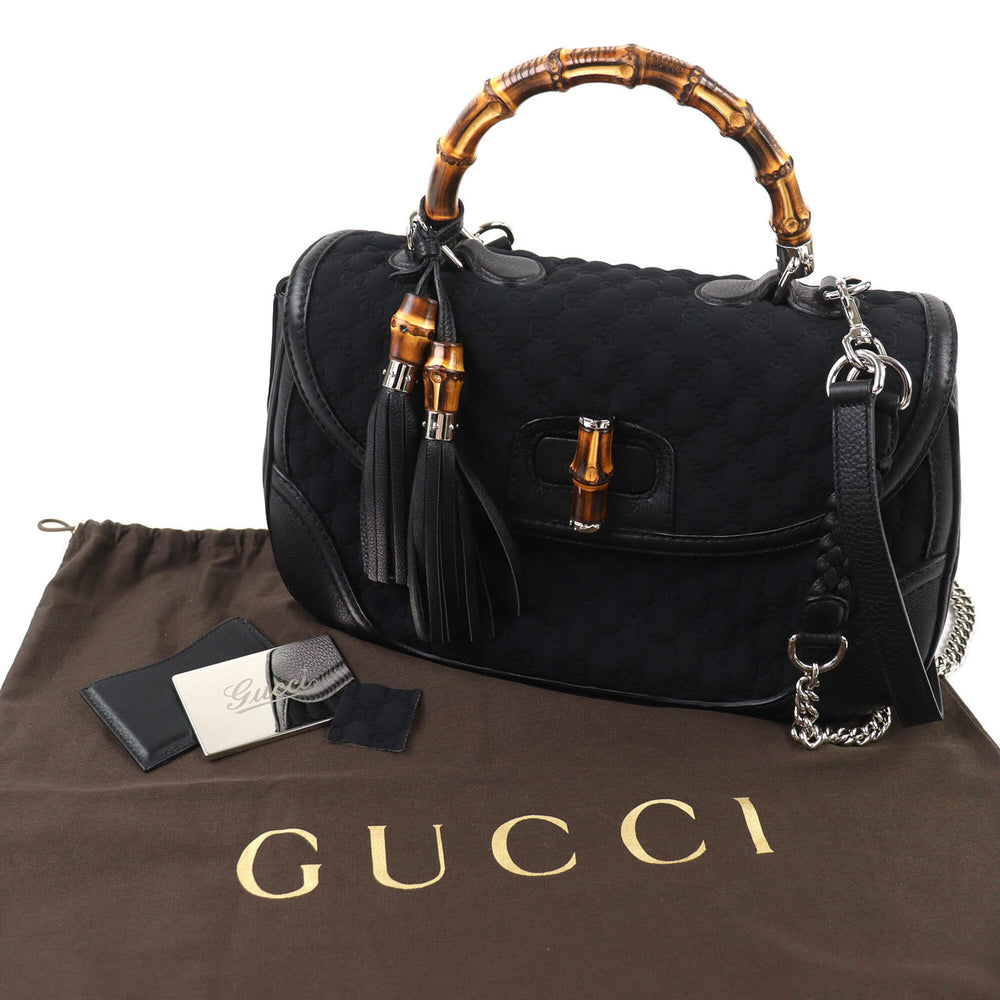 GUCCI 240241 Leather Microssima New Bamboo 2-Way Handbag Chain Shoulder Bag Black Silver Hardware with Dust Made in Italy Women's — Like New