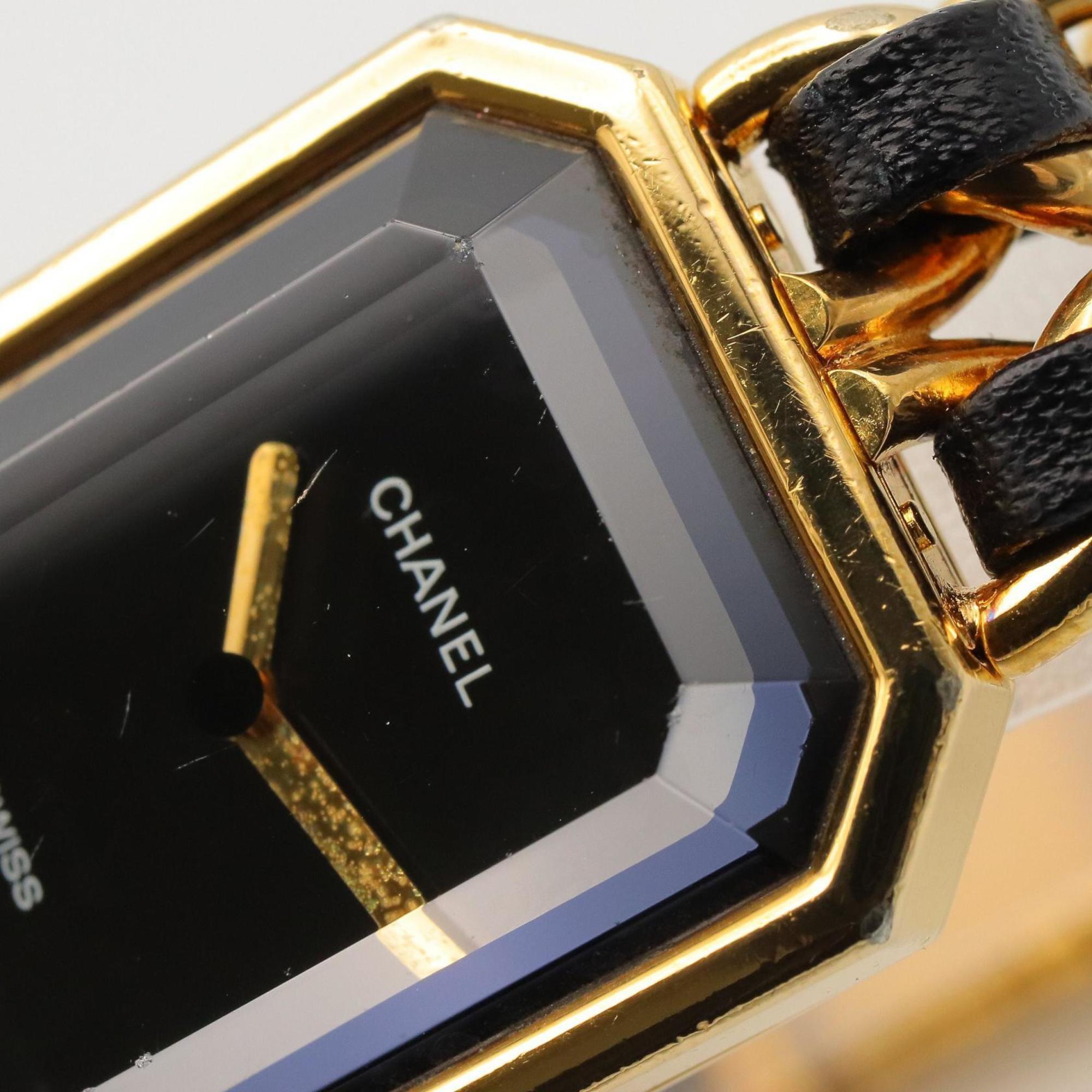 CHANEL Premiere M Watch, Gold-Plated, with Leather Strap, Black, Women's, H0001 — Very Good