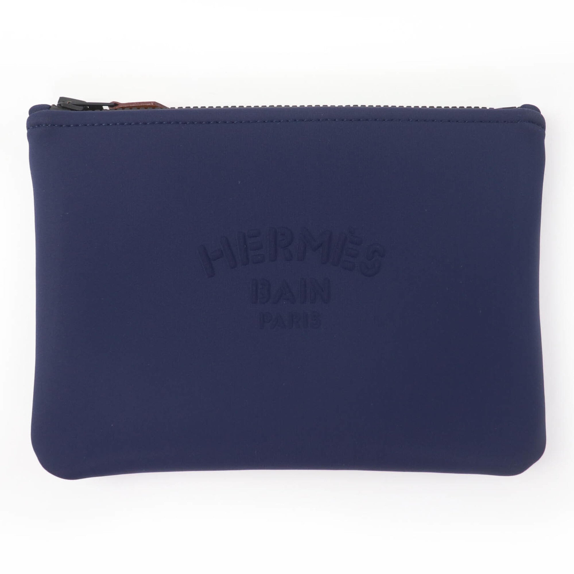 HERMES Trouse Flat PM Neoban Black Hardware Logo Zip Pouch Navy Made in France Women's — Like New