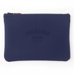 HERMES Trouse Flat PM Neoban Black Hardware Logo Zip Pouch Navy Made in France Women's — Like New