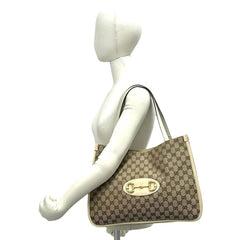 GUCCI GG Logo Horsebit Hardware Canvas Leather Genuine Tote Bag Semi Shoulder Beige 05060 — Like New