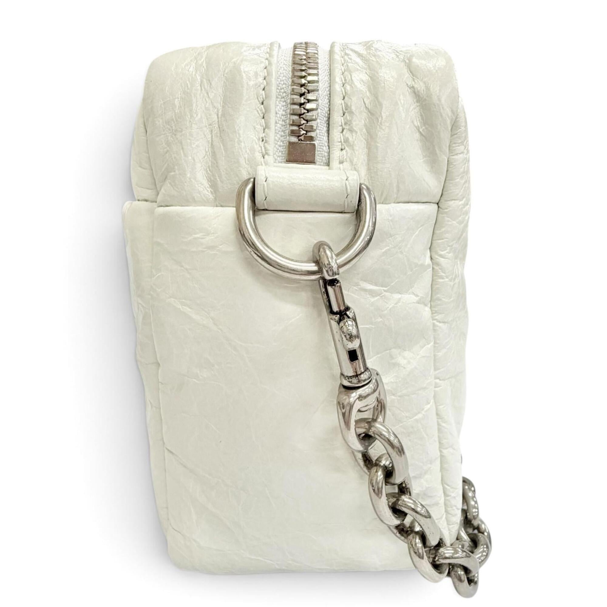 BALENCIAGA 806459 MONACO Arena Calfskin Chain Shoulder Bag, White with Silver Hardware, Women's, Dust Bag — Like New
