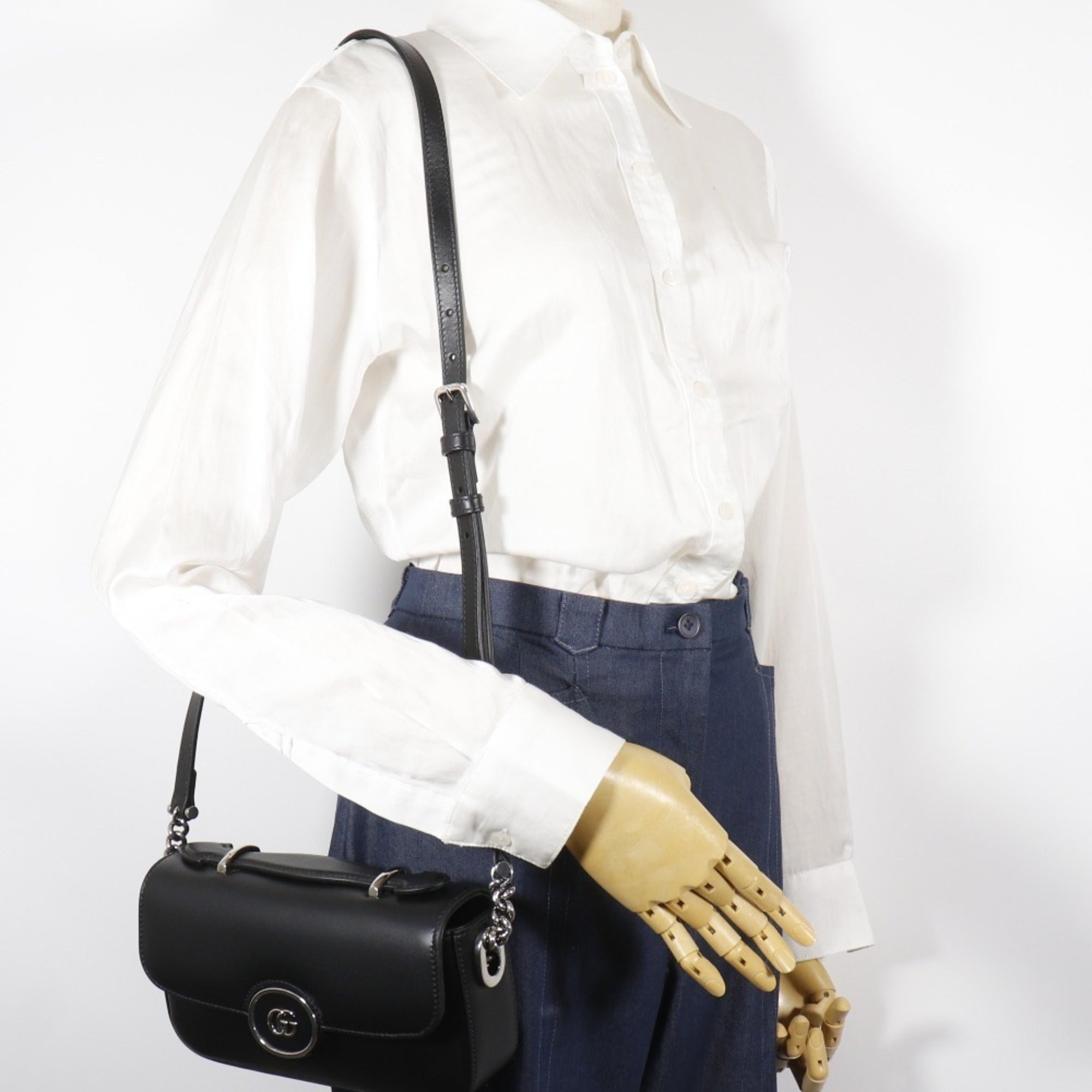 Gucci Petit GG Shoulder Bag, Double G, 2-Way, 739722, Leather, Black, Flap, GG, Women's — Like New