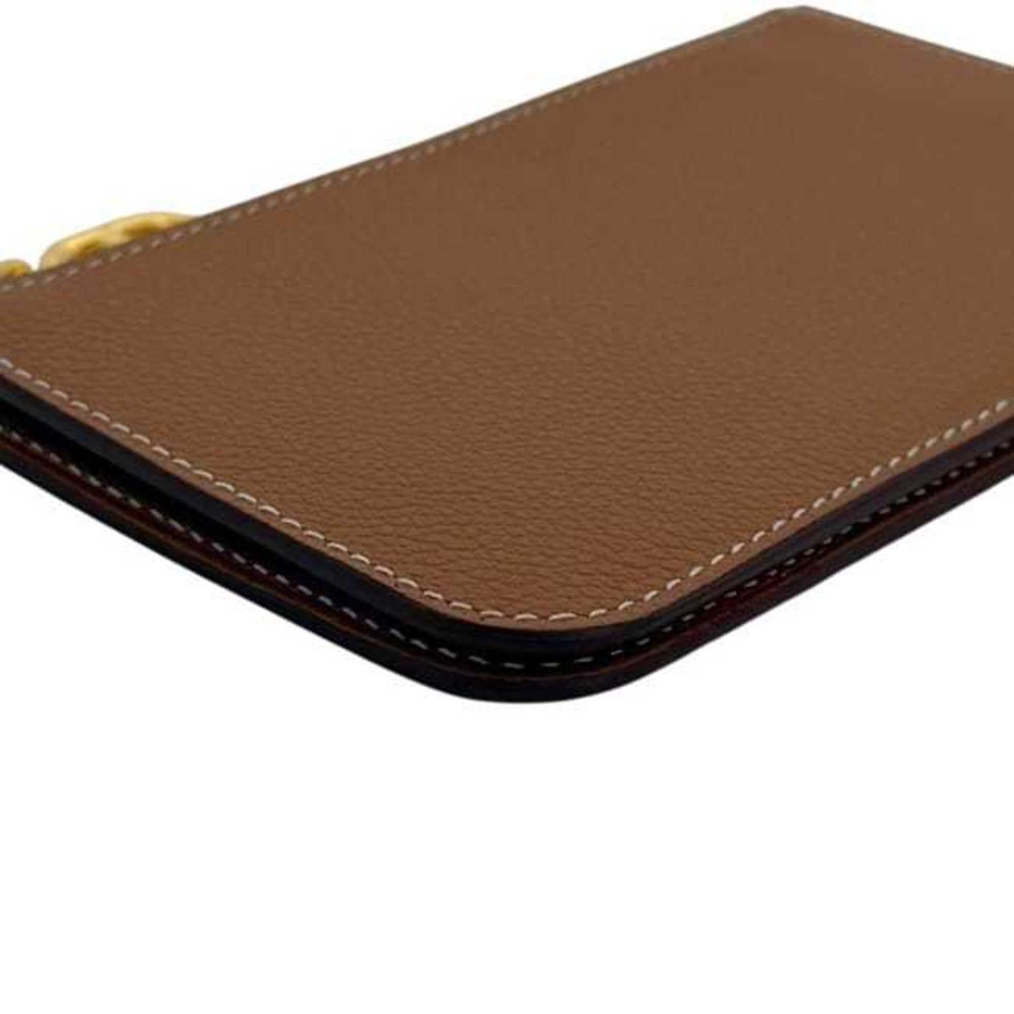 Hermes Hermès Zip Ango PM card case, f-24796, camel brown with gold coin purse and leather, Evercolor K stamp, made in 2025. This Chaine mini pouch wallet is brown.
