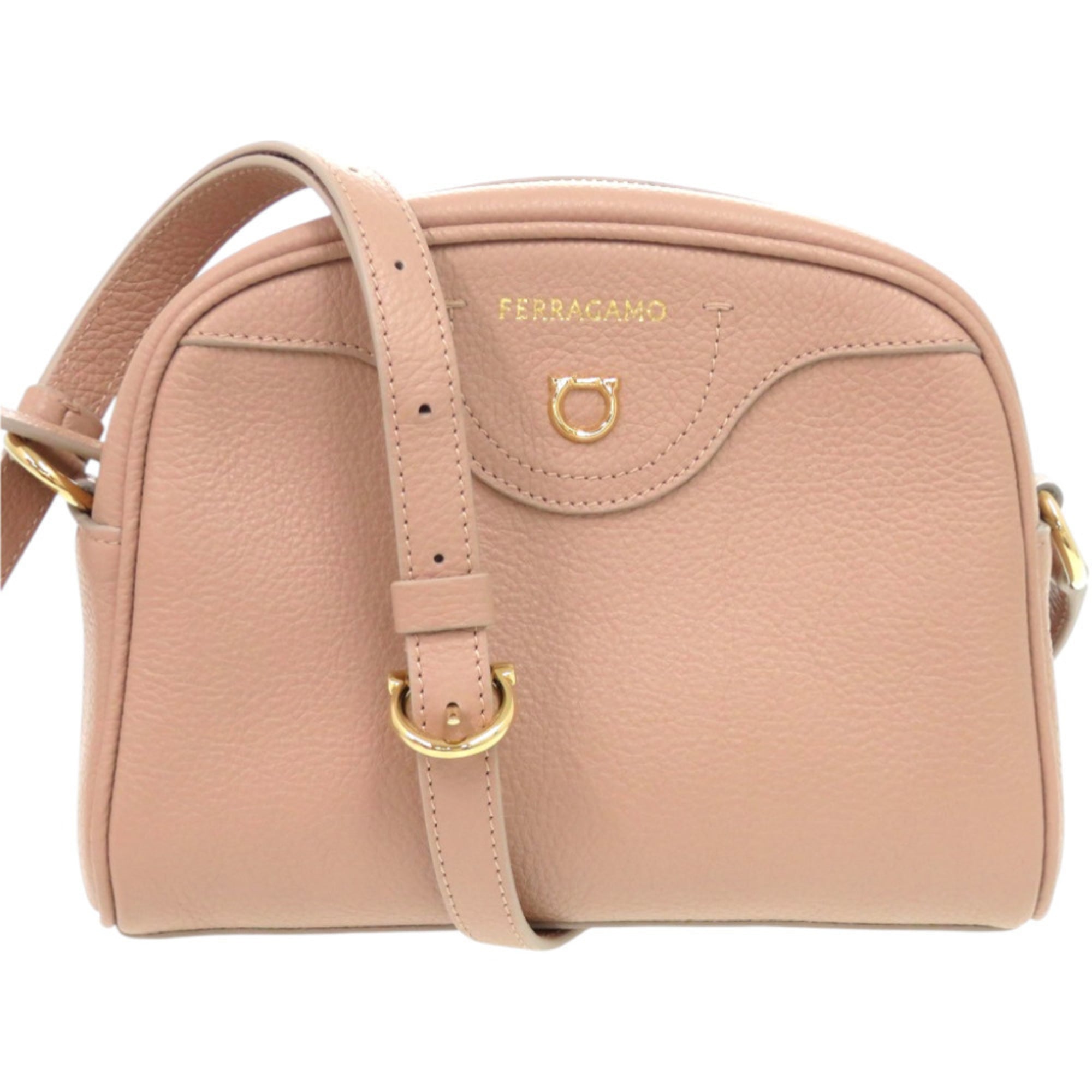 Salvatore Ferragamo Gancini EE 21 8372 Leather Shoulder Bag in Pink Beige with Gold Hardware (Product Code: 0927)