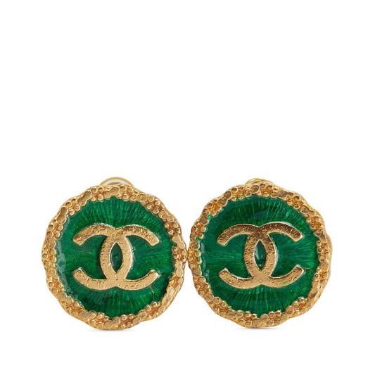 Vintage Chanel Coco Mark Round Earrings, Gold/Green Plated, Women's