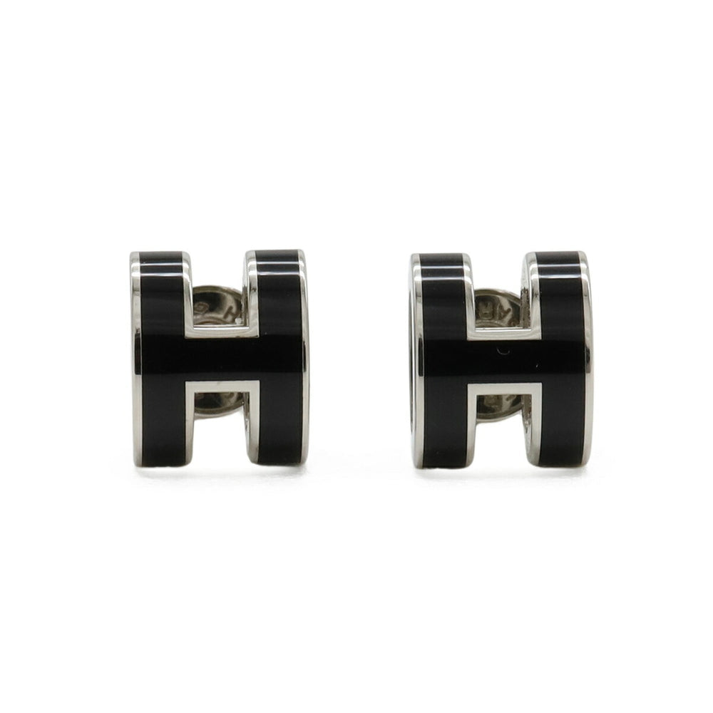 HERMES Mini Pop H Earrings, Metal, Lacquer, Black, Silver — Like New