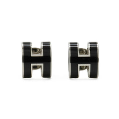 HERMES Mini Pop H Earrings, Metal, Lacquer, Black, Silver — Like New