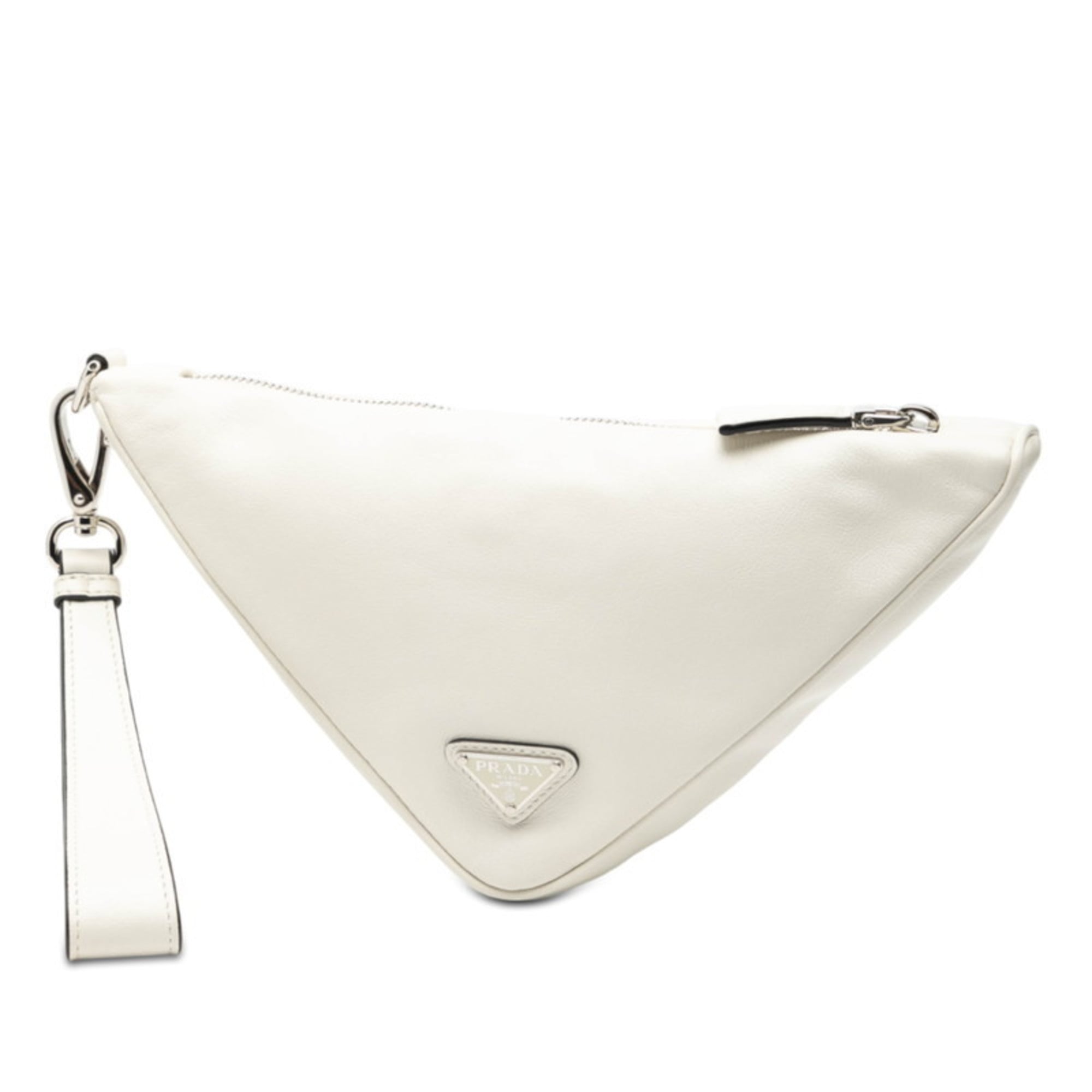 Prada Triangle Logo Plate Pouch Clutch Bag 1NE039 White Leather Women's PRADA
