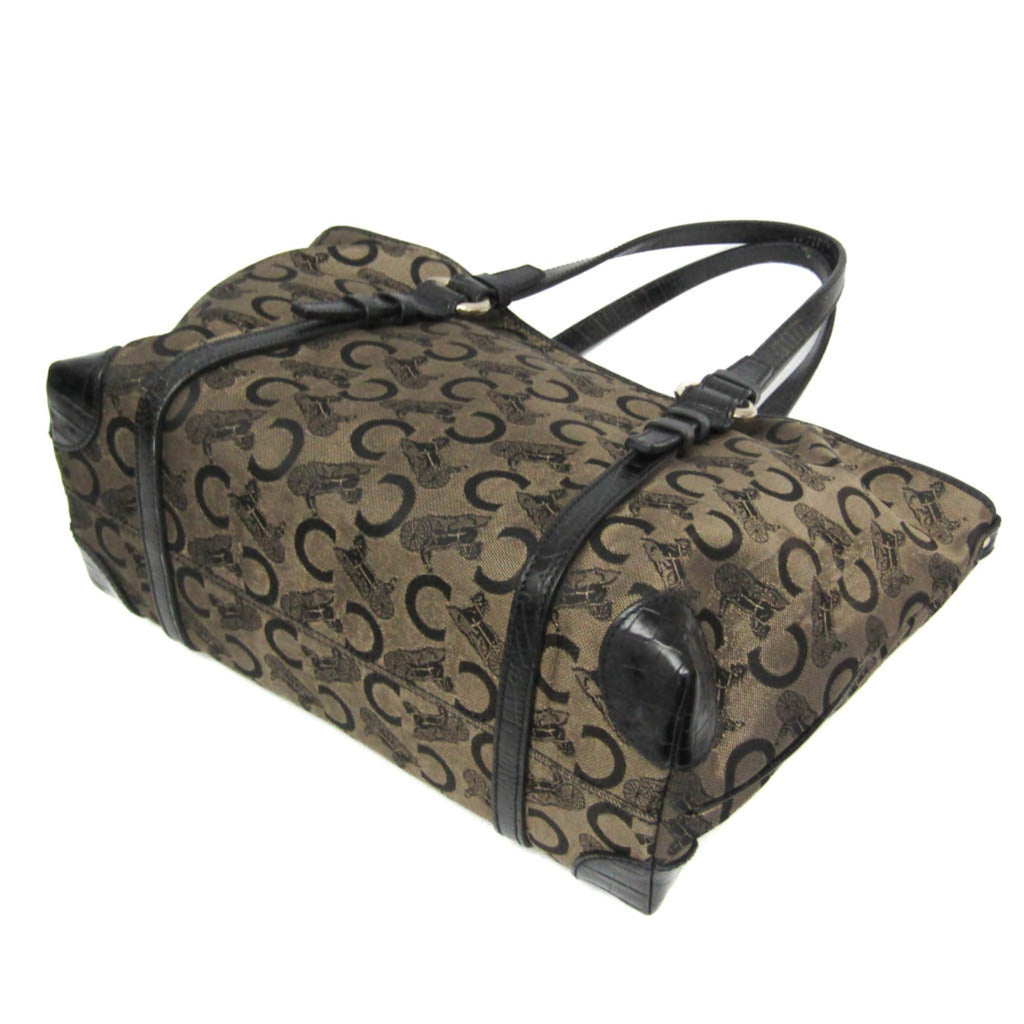 Celine C Macadam Carriage Pattern Women's Canvas,Leather Tote Bag Beige,Black