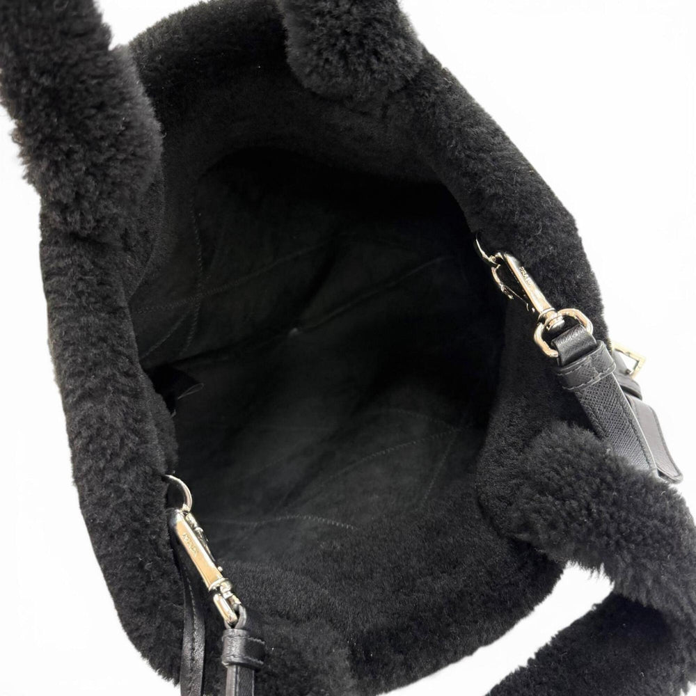 PRADA 1BG378 Triangle Logo 2-Way Shearling Fur Shoulder Bag with Pouch, Black, Made in Italy, Women's, Dust — Like New