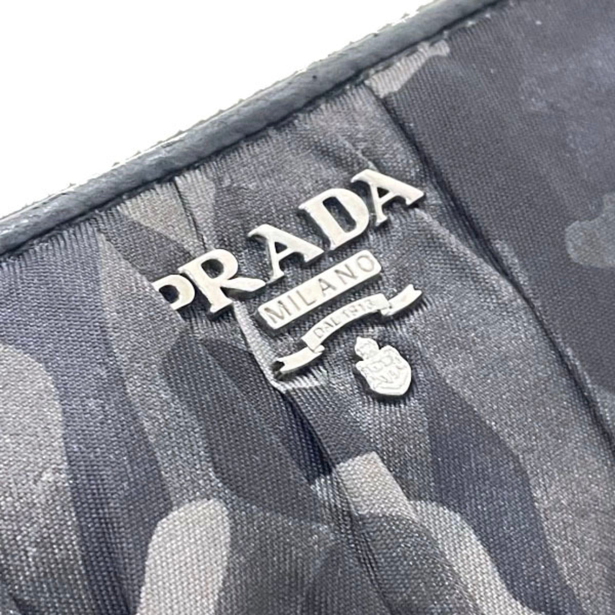 Prada Camouflage Round Long Wallet, Nylon and Leather, Gray Black, 1M0506, PRADA Pattern, Shirring, Gathered Pleats, YY-15718