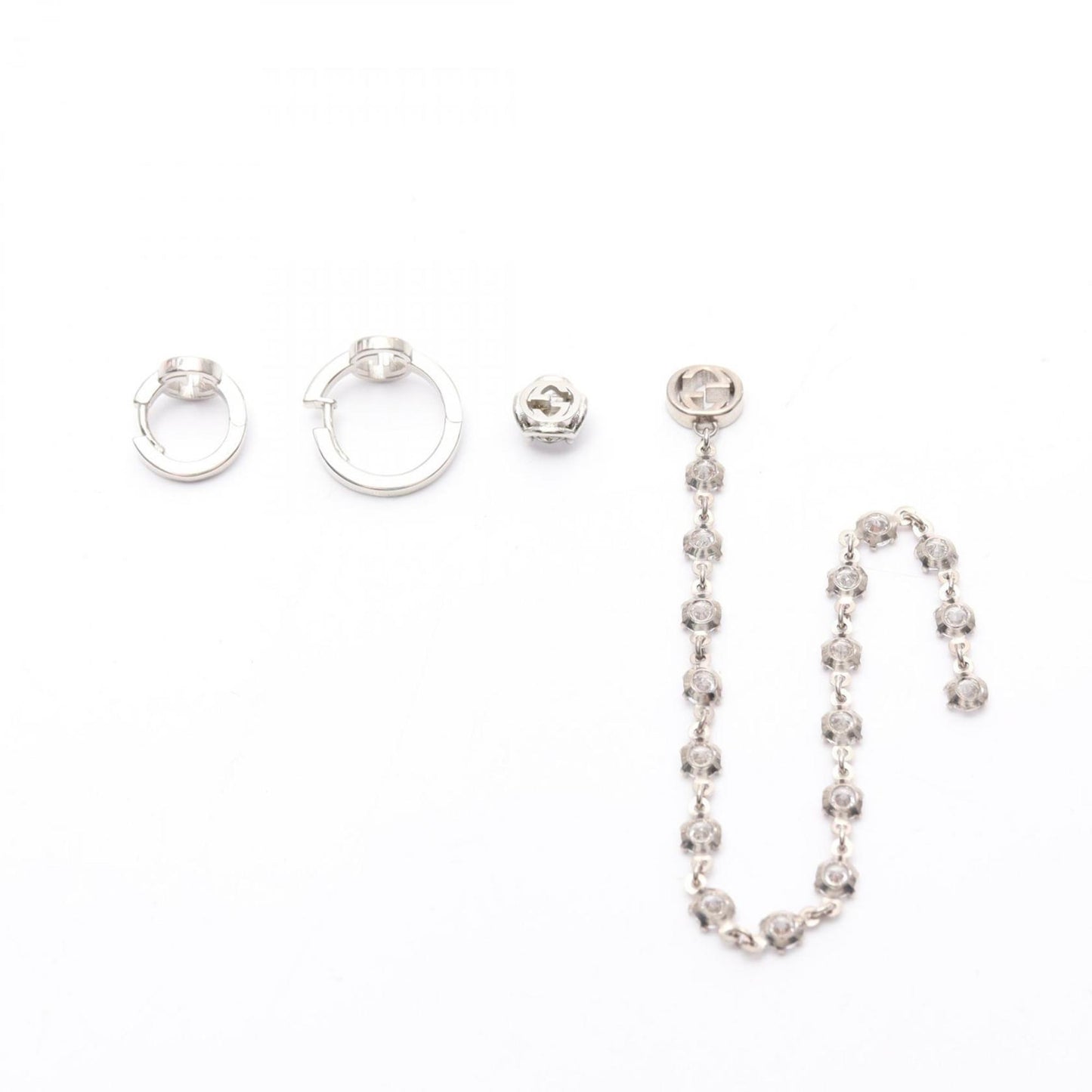 Gucci Interlocking G Nail Piercings, Stainless Steel with Rhinestones, Silver and Clear, 720757