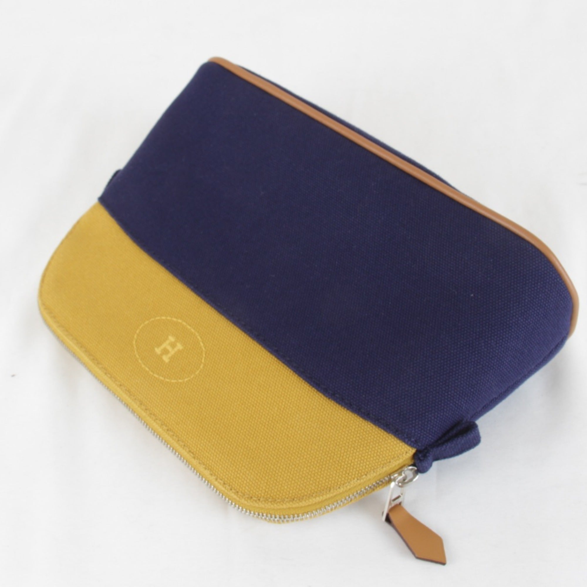 HERMES Bolide Mini Pouch, Cotton, Ochre x Navy, Women's — Like New