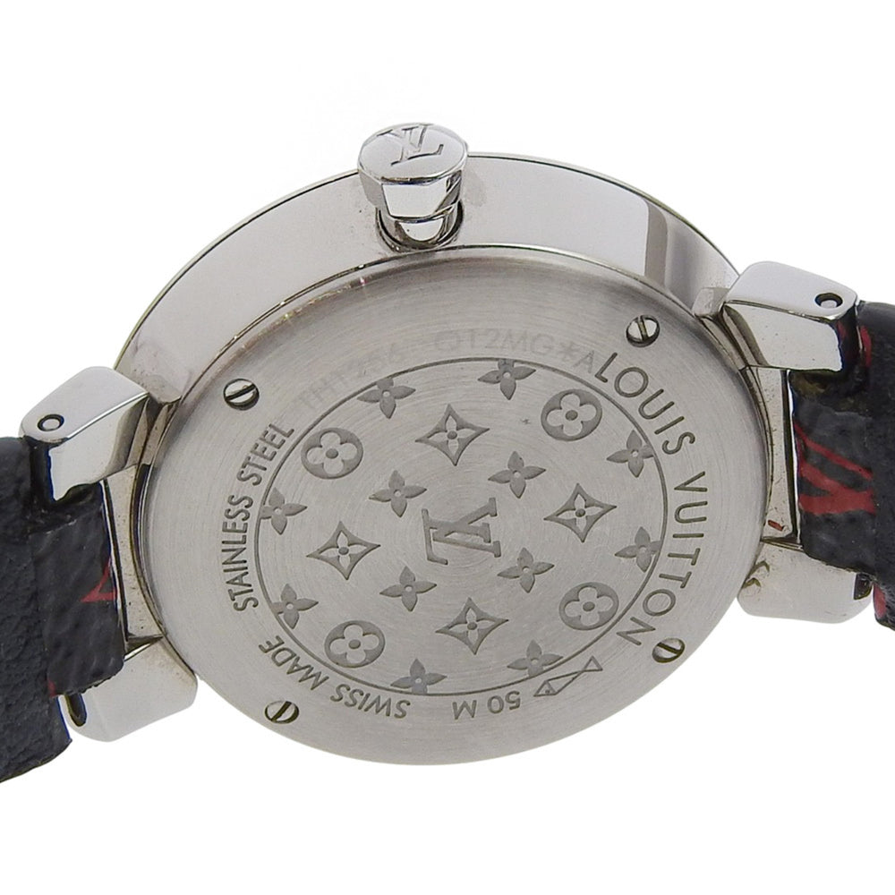 Louis Vuitton Tambour Slim Watch, 8 Diamonds, Q12MGA, Stainless Steel and Leather, Quartz Movement, Analog Display, Silver Dial, Women's — Very Good