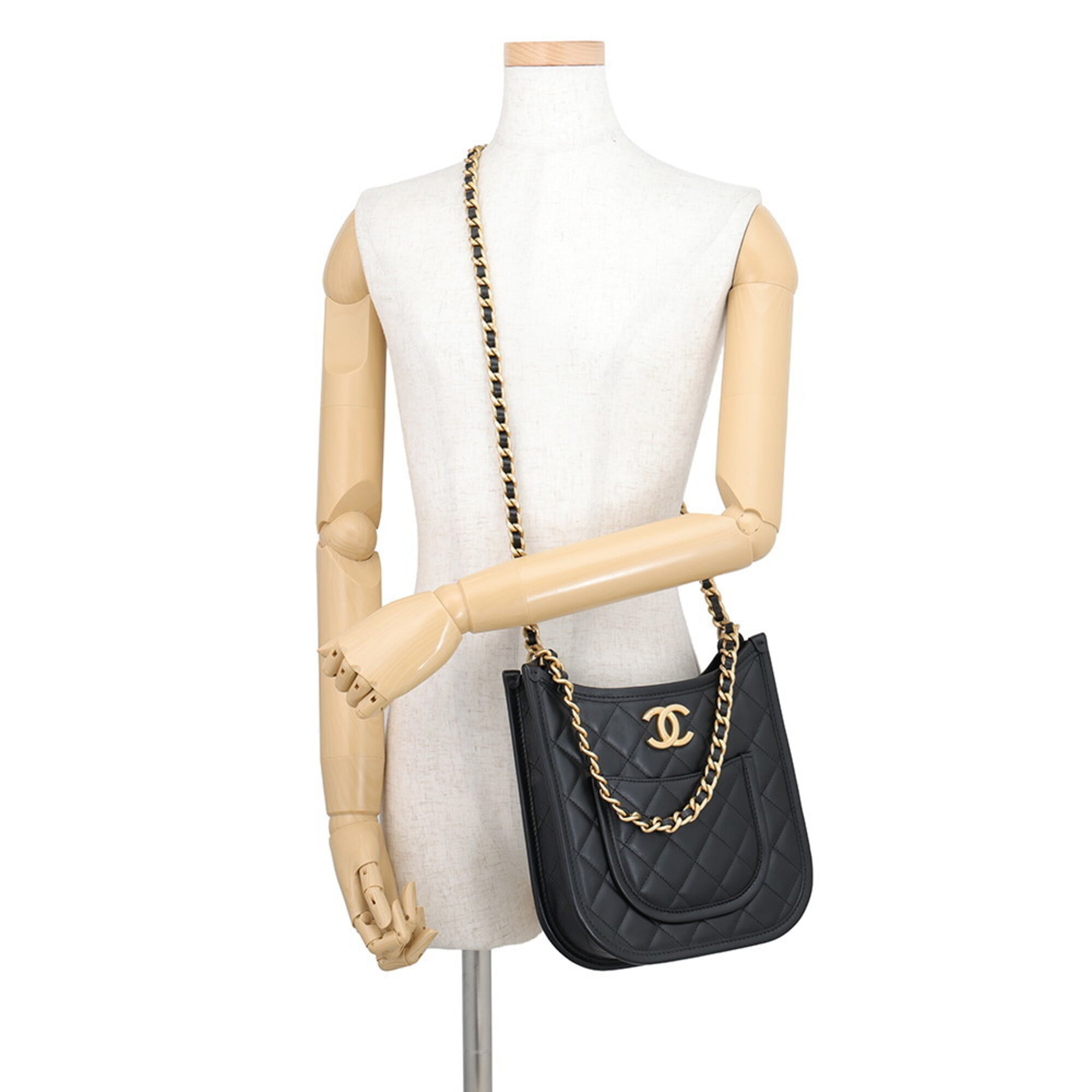Chanel Chain Shoulder Bag, Matelassé, Coco Mark, Hobo, Lambskin, CHANEL 2-way, Black, Handbag, Women's — Like New