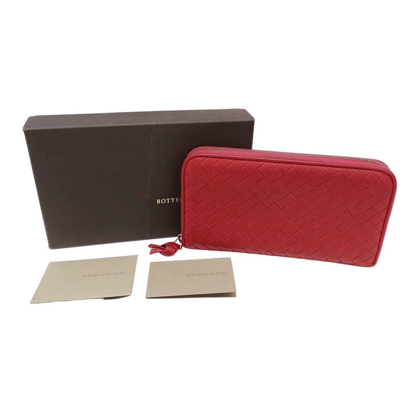 Bottega Veneta Women's Intrecciato Leather Long Wallet in Red with Round Zipper and Braided Trim