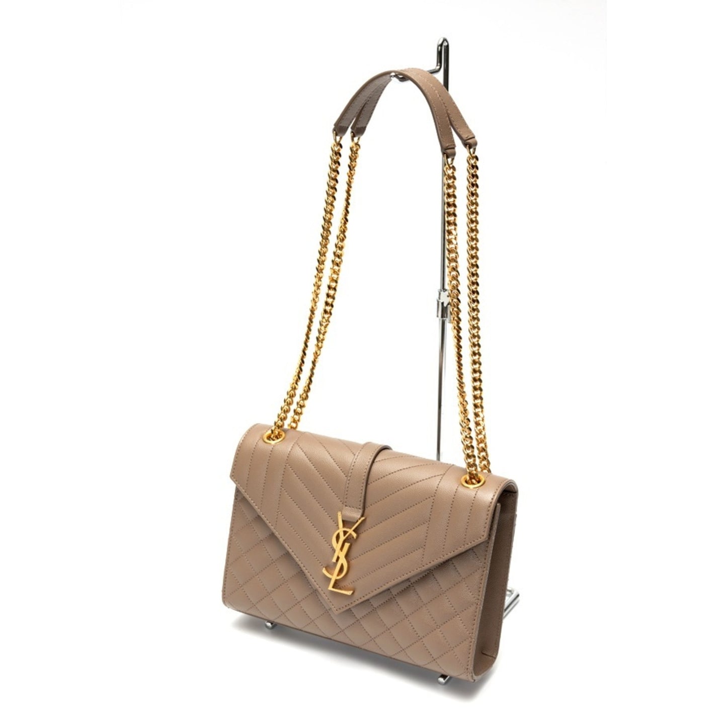 Saint Laurent SAINT LAURENT Envelope Medium Chain Shoulder Bag 600185 Grain de Poudre Quilted Leather Greige S-158096