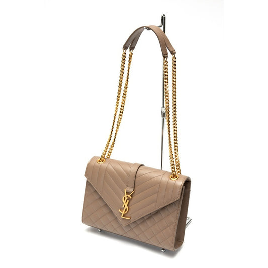 Saint Laurent SAINT LAURENT Envelope Medium Chain Shoulder Bag 600185 Grain de Poudre Quilted Leather Greige S-158096