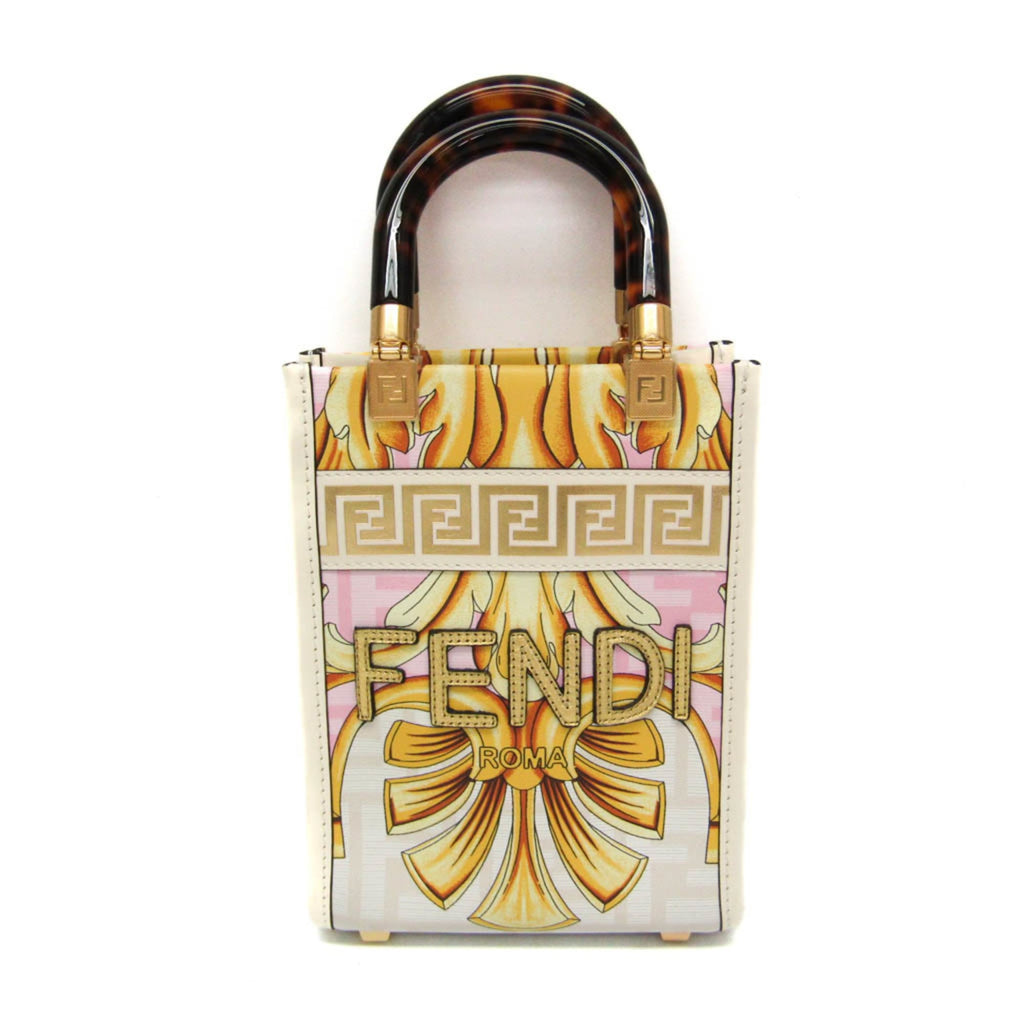 Fendi FENDACE Mini Sunshine Shopper 8BS051 Women's Leather,Coated Canvas Handbag,Shoulder Bag Gold,Pink,White