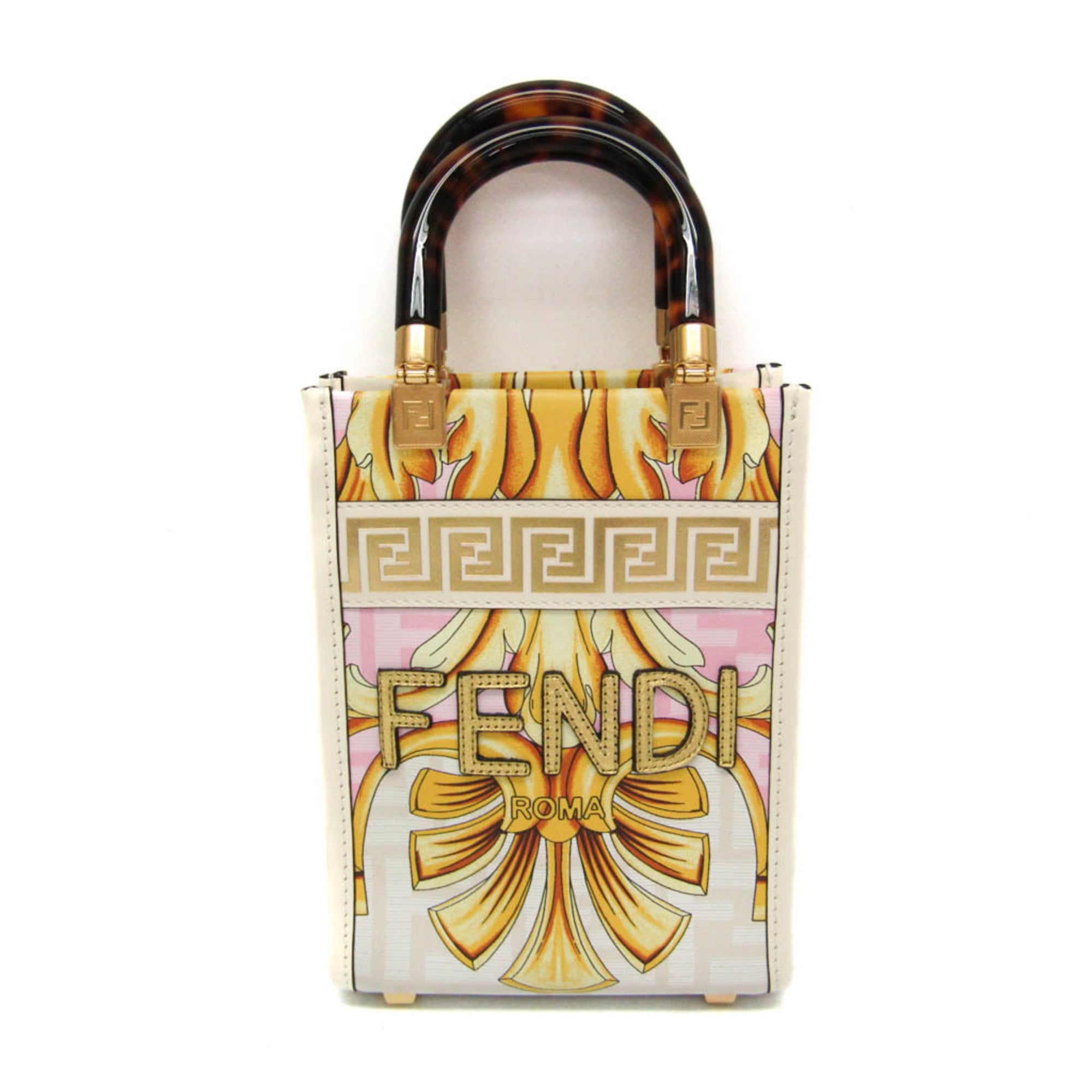 Fendi FENDACE Mini Sunshine Shopper 8BS051 Women's Leather,Coated Canvas Handbag,Shoulder Bag Gold,Pink,White